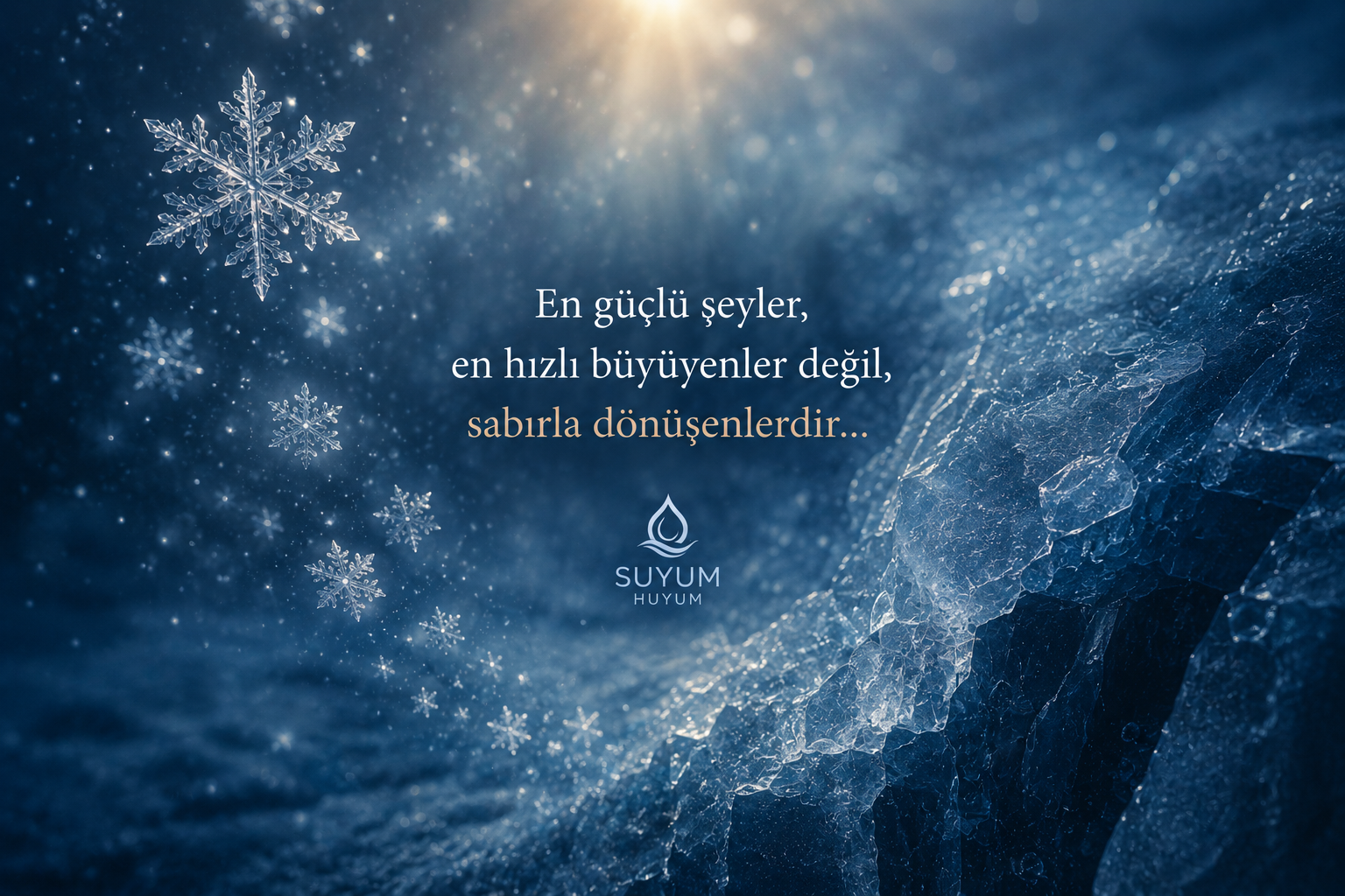 Kar tanelerinin sessizce buz kristallerine dönüştüğü sinematik sahne