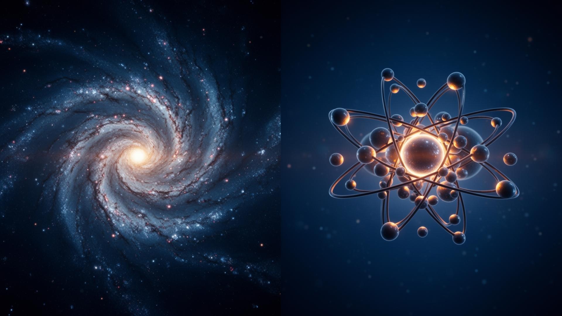 Solda bir spiral galaksi, sağda bir atomun yörüngeleri — birbirinin aynası gibi